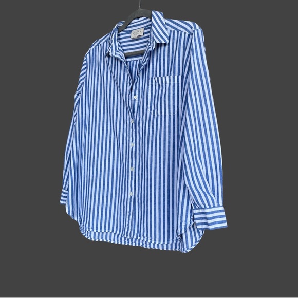 SEZANE Classic Oversized Blue & White Striped Linen Cotton Button Down Max Shirt - Picture 15 of 17